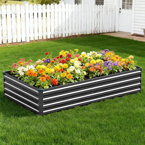 Two Pack Galvanized Raised Garden Beds 108 Inch Long By 36 Inch Wide By 12 Inch High Outdoor Metal Planter Boxes filled with flowers