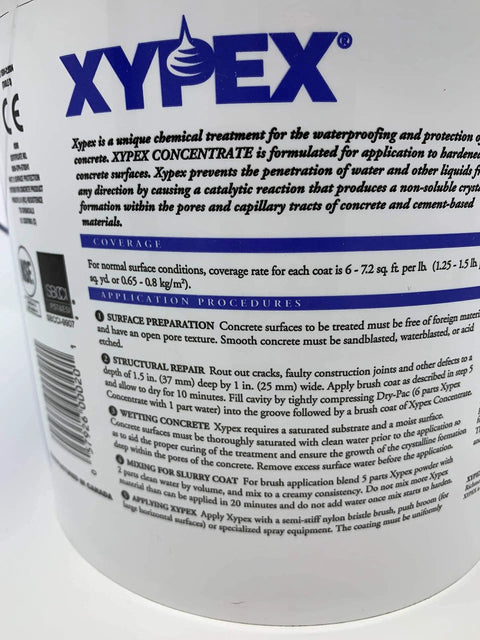 Container label showing application procedures for No Nonsense Concrete Waterproofing Concentrate For Cracks, Leaks And Structural Protection.