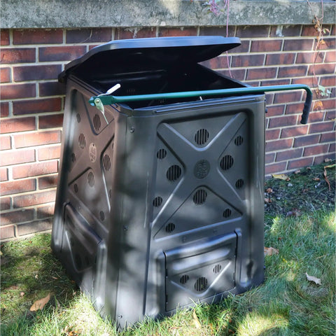 Outdoor Compost Bin With Lift Off Lid 65 Gallon Capacity Four Door Access And Vent Holes Durable Black Garden Waste Caddy
