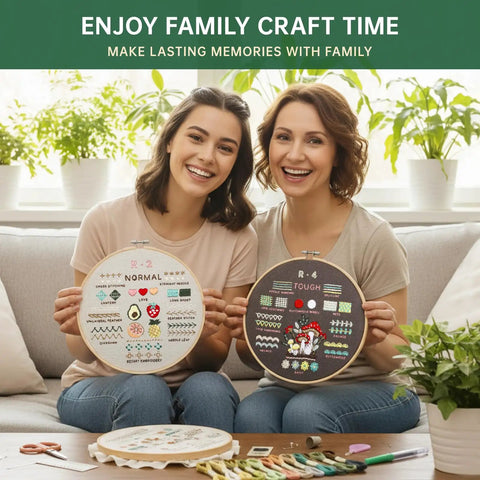 Two women learning embroidery from Beginner Embroidery Kit With 4 Learning Stages And 38 Stitches, smiling while holding hoop