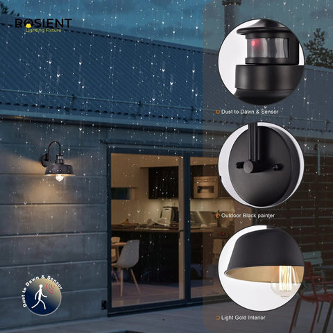 Motion Sensor Gooseneck Barn Lights Outdoor Wall Mount Porch Lights Industrial Farmhouse Sconces Black Finish Exterior Lighting Fixture, E26 Base, Requires Bulb Up To 100W, 2 Pack shown on a modern home exterior
