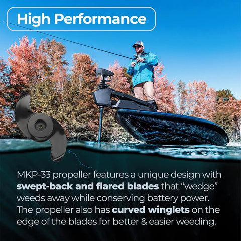 Fisherman on boat using MKP-33 Weedless Wedge 2 Trolling Motor Propeller For Four Inch Diameter Minn Kota Motors