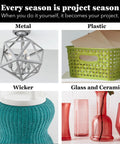 Collage featuring metal light fixture, green plastic basket, blue wicker vase, and red glass vases with text 'Every season is project season'.