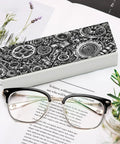 Industrial Metal Gear Textured Leather Eyeglass Case With Heavy Duty Magnetic Closure And Ultra Soft Velvet Lining For Prescription Glasses and Shades, featuring gears design.