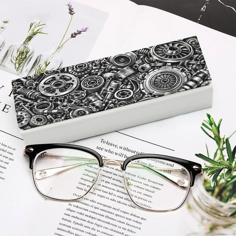 Industrial Metal Gear Textured Leather Eyeglass Case With Heavy Duty Magnetic Closure And Ultra Soft Velvet Lining For Prescription Glasses and Shades, featuring gears design.