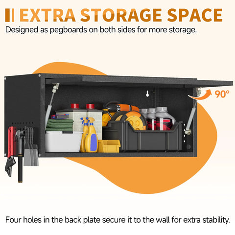 Metal Garage Wall Cabinet With Up Flip Door, storage shelves with pegboard holding tools, wall mounted in black, 13.8 inch high