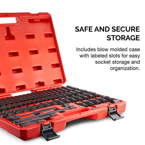 Impact Socket Set Three Eighths Inch Drive 67 Piece Master Kit With Shallow And Deep Sockets in red storage case
