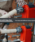 Heavy Duty Wood Lathe Chuck With Self Centering Scroll Jaw System, showcasing step jaw for varying clamp capacity.
