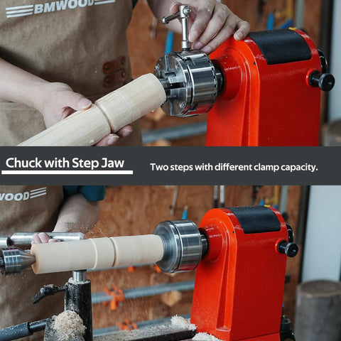 Heavy Duty Wood Lathe Chuck With Self Centering Scroll Jaw System, showcasing step jaw for varying clamp capacity.