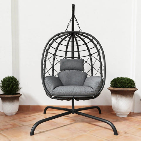 Cozy Hanging Egg Chair With Stand For Indoor Outdoor Use Wicker Rattan Swing Hammock With Thick Cushion 400 Lb Capacity