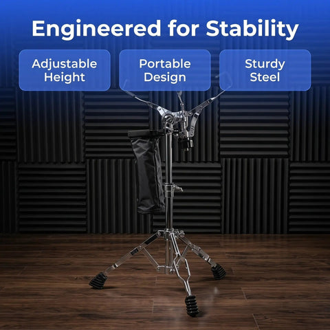 Pro Level Adjustable Snare Drum Stand With Heavy Duty Double Braced Tripod Base For 10 To 14 Inch Pads, featuring adjustable height and sturdy steel.