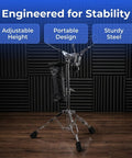 Heavy Duty Double Braced Tripod Snare Drum Stand With Easy Height Tweaks And Secure Stick Holder Solid Alloy Frame Non Slip Rubber Feet for stability.
