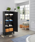 61 Inch Tall Farmhouse Metal Pantry Cabinet With Two Barn Doors and Adjustable Shelves in a Bathroom Setting