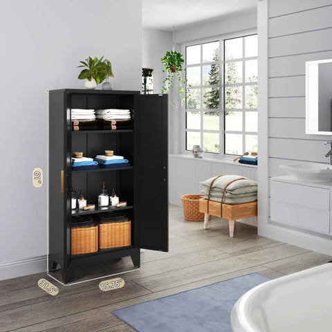 61 Inch Tall Farmhouse Metal Pantry Cabinet With Two Barn Doors and Adjustable Shelves in a Bathroom Setting