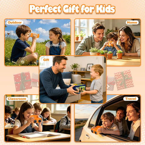 2 In 1 Kids Microscope And Telescope 1000X Magnification Portable STEM Toy For Outdoor Explorers Learn Insects Leaves Rocks Birds And Distant Landscapes Up Close And Far Away On Family Adventures And Class Projects. Orange plastic 2-in-1 kids microscope and telescope shown in outdoor, home, classroom, and travel use