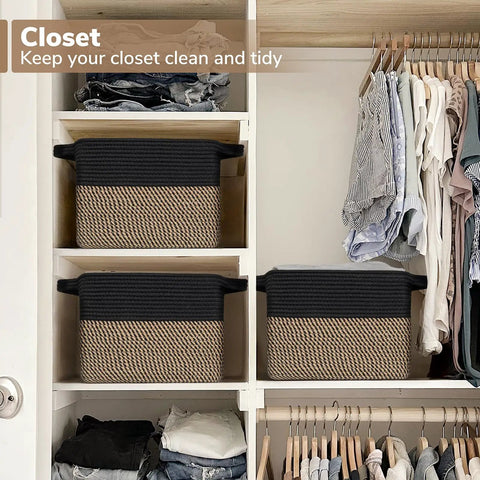 Slick Cotton Rope Storage Basket For Shelves 13X10X9 Inches Solid Woven Cube Bin No Sweat Shelf Organizer Soft Yet Sturdy Black Decorative Basket Real Deal Home Solution