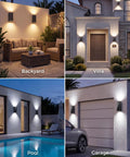 Rugged As Nails 2 Pack Solar Wall Lights Outdoor IP65 Waterproof showcased in backyard, villa, pool, and garage settings.