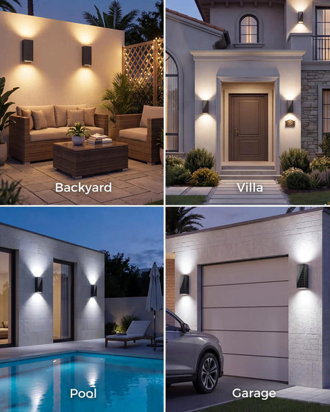 Rugged As Nails 2 Pack Solar Wall Lights Outdoor IP65 Waterproof showcased in backyard, villa, pool, and garage settings.
