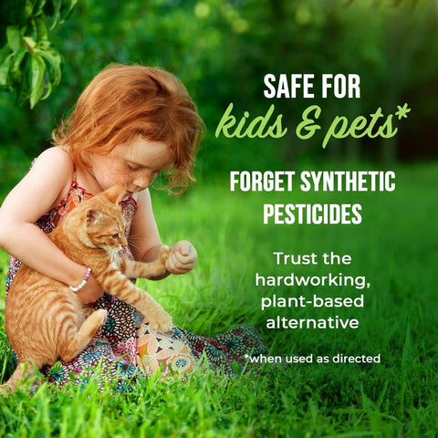 Child holding a cat in a grassy area with text about safety for kids and pets, promoting natural alternatives for pest control.