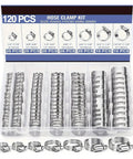 Solid 120 Pc Stainless Steel Hose Clamp Kit With Easy Tighten Worm Gear, 1/4 To 1-1/2 Inch Range, Totally Perfect For Plumbing And Auto Jobs That Need Durable Heavy Duty Clamps. 120-piece stainless steel hose clamp kit, 6-38mm sizes, organized in case