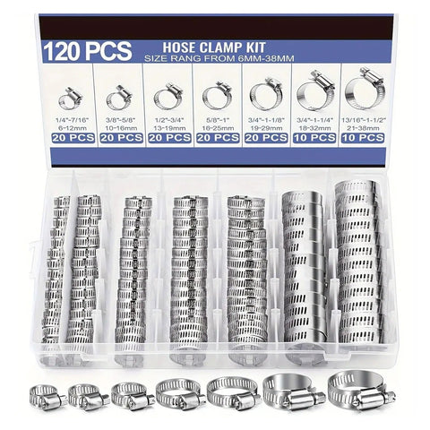Solid 120 Pc Stainless Steel Hose Clamp Kit With Easy Tighten Worm Gear, 1/4 To 1-1/2 Inch Range, Totally Perfect For Plumbing And Auto Jobs That Need Durable Heavy Duty Clamps. 120-piece stainless steel hose clamp kit, 6-38mm sizes, organized in case