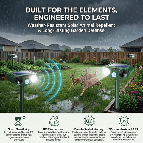 Solar Ultrasonic Deer Repellent Device With Motion Sensor Deterrent For Your Yard Protect Plants From Deer Rabbits Squirrels And Other Wildlife For Easy Install And Weather Resistant Outdoor Use, in rainy garden