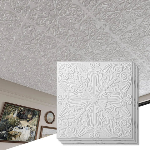 Dope Drop Ceiling Upgrade Kit with Decorative 2x2 Tile Set, Spanish Floral Matte White, 24x24 In, Lightweight PVC, installed view