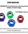 Colorful zinc-coated strip resistant nuts, with blue precision nut shown for Blue Skateboard Truck Nuts And Axle Washers And Precision Spacers Pro Grade Hardware Kit For Longboards And Skateboards 8 Nuts 16 Washers 8 Spacers Durable Stainless Steel Hardware For Quick Upgrades