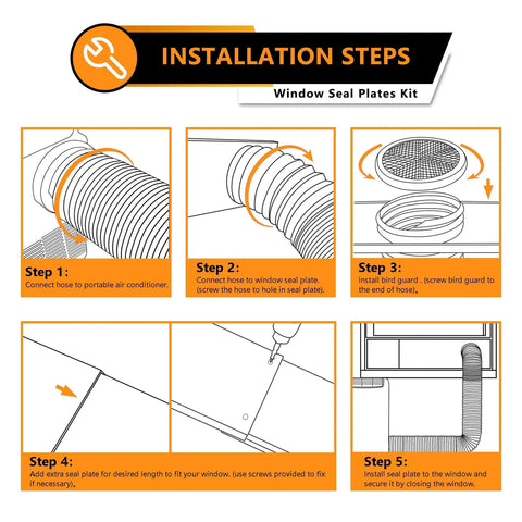 Diagram of Portable Air Conditioner Window Seal Kit 5 Inch Universal Vent for Exhaust Hose installation steps, showing connection and adjustment.