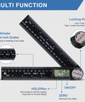 Pro Level Digital Angle Finder Protractor Yielding Dead On 360 Degree Measurements With Bright Lcd Screen close-up of multi-function angle ruler with locking knob