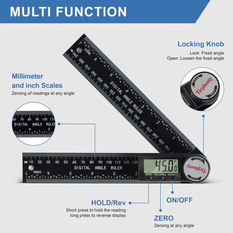 Pro Level Digital Angle Finder Protractor Yielding Dead On 360 Degree Measurements With Bright Lcd Screen close-up of multi-function angle ruler with locking knob
