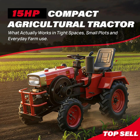 15HP Mini Tractor With Dual Electric And Manual Start For All Weather Reliability, shown in a farm field