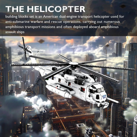 Epic Military Helicopter Building Kit For Adults 2129 Piece Aircraft Model Toys Set flying over cityscape display