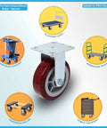 Heavy Duty Industrial Casters 6 Inch By 2 Inch With Top Plate 4 By 4.5 Maroon Two Rigid And Two Swivel Casters With Top Lock Brakes