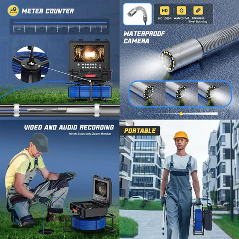 Crush Stubborn Blockages Fast With This Heavy Duty 30 Meter Pipeline Inspection Camera, 9 inch LCD monitor, and waterproof camera.