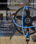 Oscillating Cyclone Pedestal Fan with remote control, adjustable height, showing 3 speed settings and tilt-head in a home setting