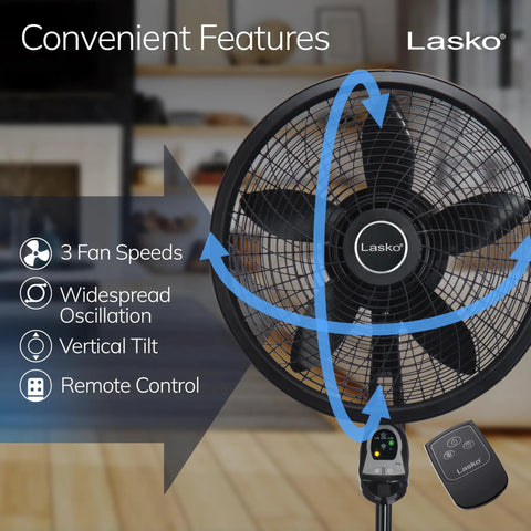 Oscillating Cyclone Pedestal Fan with remote control, adjustable height, showing 3 speed settings and tilt-head in a home setting