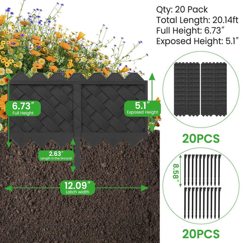 30Ft Plastic Landscape Edging Border With 5.1 Inch Exposed Height, 6.73 Inch Total Height, 3D Weaving Garden Border installation