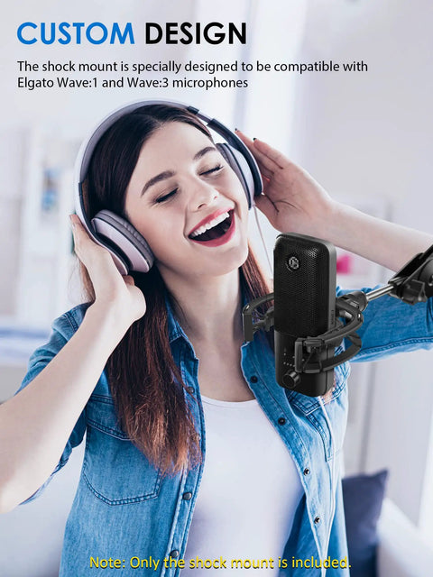 Woman wearing headphones singing near Wave Mic Shock Mount For Elgato Wave:1 And Wave:3, Custom Built Anti Vibration Suspension Clip.