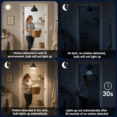 4 Pack Motion Sensor LED Bulbs 12W 100W Equivalent 2700K Warm White Auto On Off Dusk To Dawn Security Lighting For Indoor Outdoor Porch Garage Basement Stairs Energy Efficient Easy Hands Free Light in laundry room