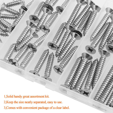 Workhorse Gauge 12 Wood Screws Assortment Kit, 54 Piece 304 Stainless Steel Phillips Countersunk Fasteners in a clear latching case.