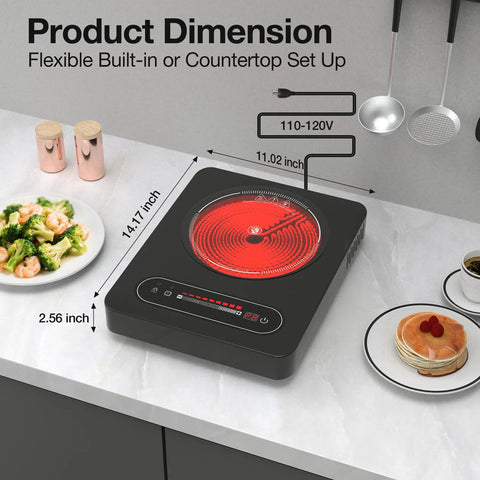 1800W Portable Electric Cooktop With Timer And Child Lock, 11 Inch Single Burner on countertop with food