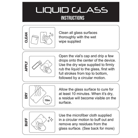 Instructions for applying Liquid Glass Screen Protector for up to four devices, including clean, apply, dry, and buff steps.