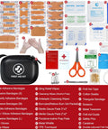 Front view of small black waterproof first aid kit with 185-piece supplies