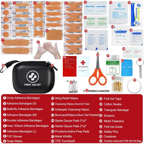 Front view of small black waterproof first aid kit with 185-piece supplies