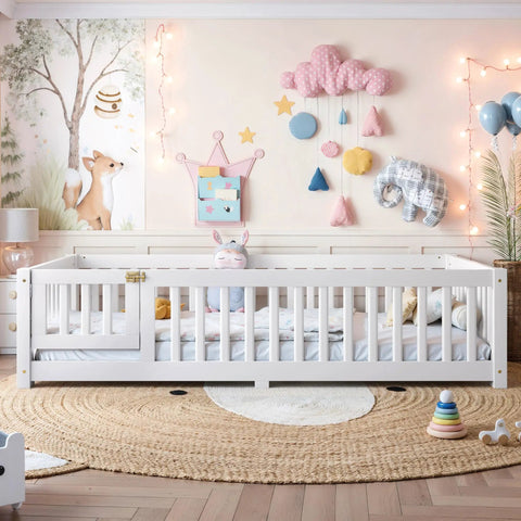 Totally Built Tough Twin Floor Bed With Montessori Design And Complete Safety Guardrails Plus Easy Access Door For Kids, Solid Wood Low Profile Slatted Frame In Fresh White in a decorated nursery.