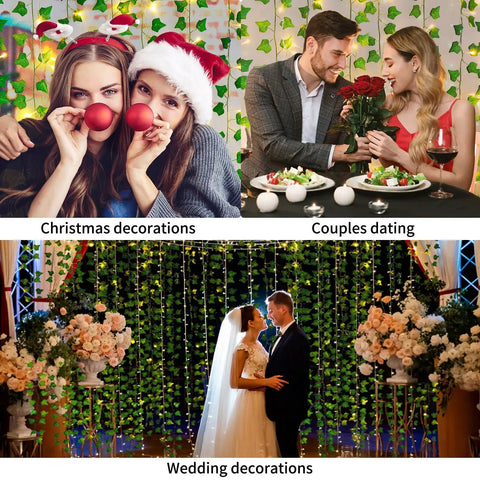 Fake Ivy Vines With 80 LED String Lights 12 Pack 84 Feet Total Length For Indoor Outdoor Decor at Christmas, dating, and wedding