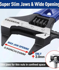 4 Inch Thin Jaws Stubby Adjustable Wrench With Wide Opening And 2Mm Slim Jaws CRV Steel close-up showing 0.94 inch jaw opening