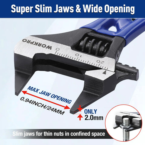 4 Inch Thin Jaws Stubby Adjustable Wrench With Wide Opening And 2Mm Slim Jaws CRV Steel close-up showing 0.94 inch jaw opening