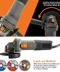 No Nonsense 4-1/2 Inch Angle Grinder 7 Amp 12000 Rpm with flexible shield and lock-on button for safety in wet or dry cutting.